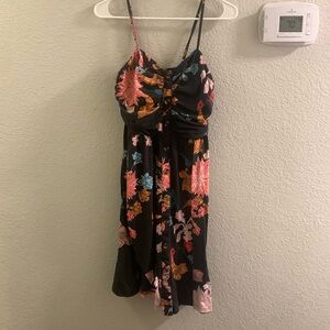 Floral planted dark blue button up summer dress
